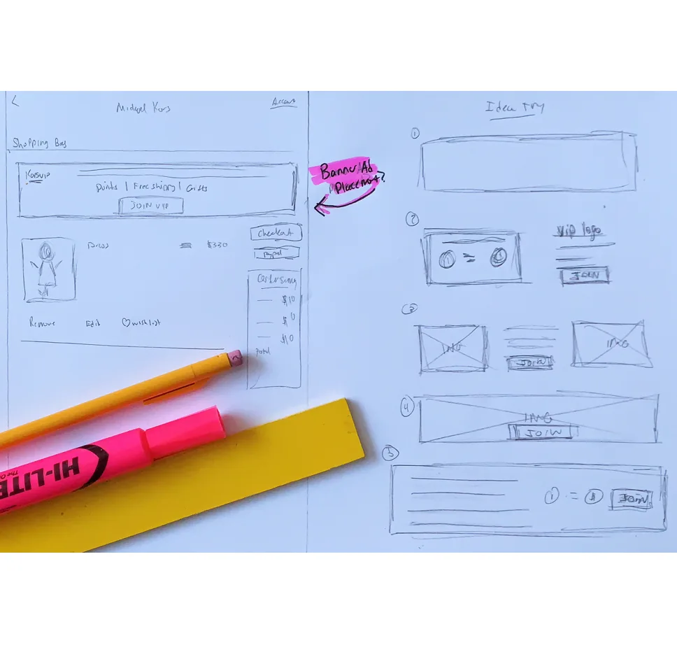 Sketch of version 1: a prominent loyalty module in the shopping bag