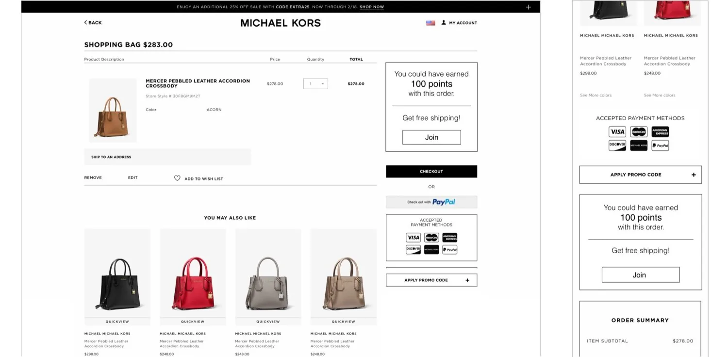 Wireframe of the shopping bag with the KORSVIP join module next to checkout