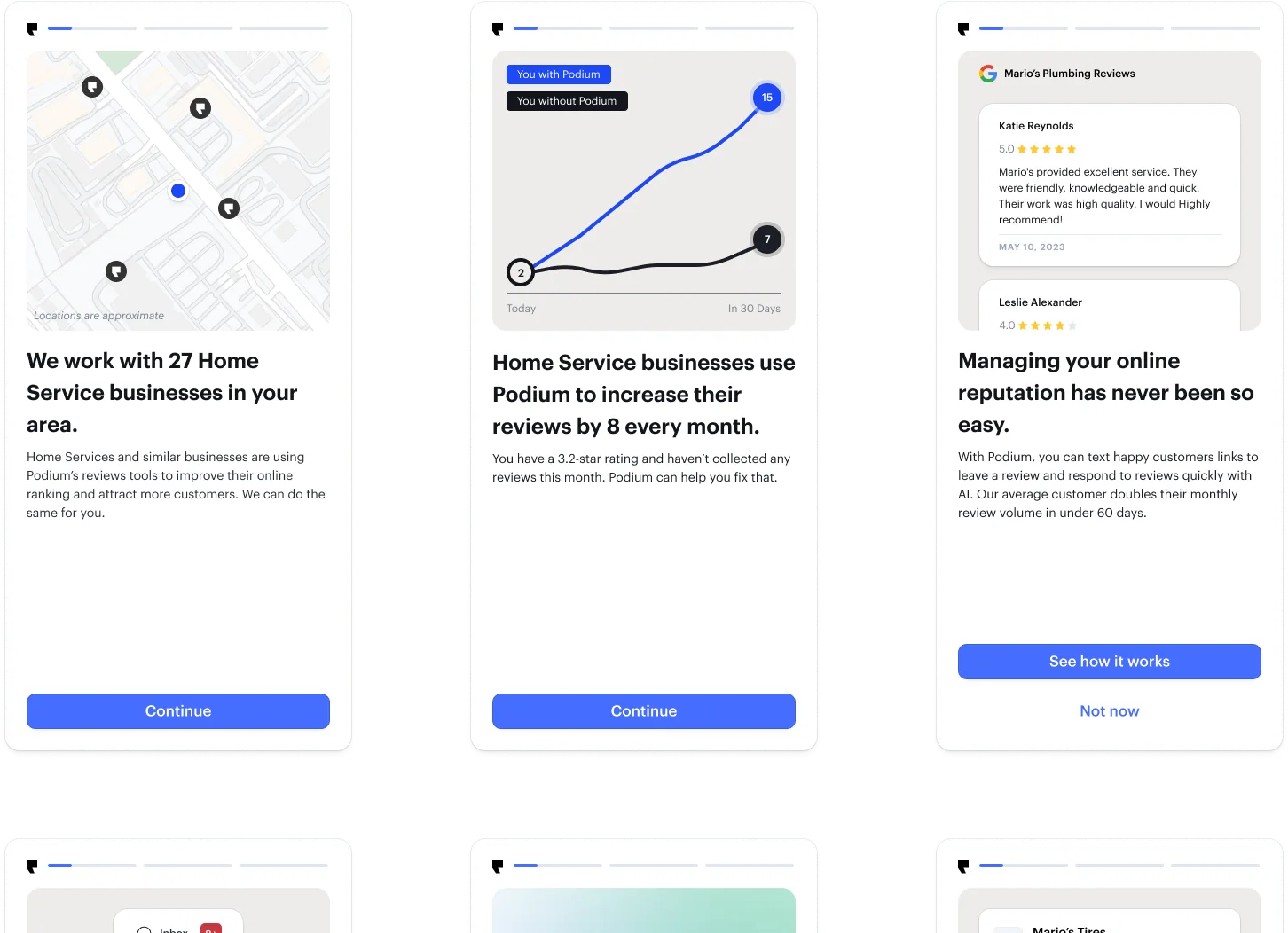 Podium's mobile onboarding screens