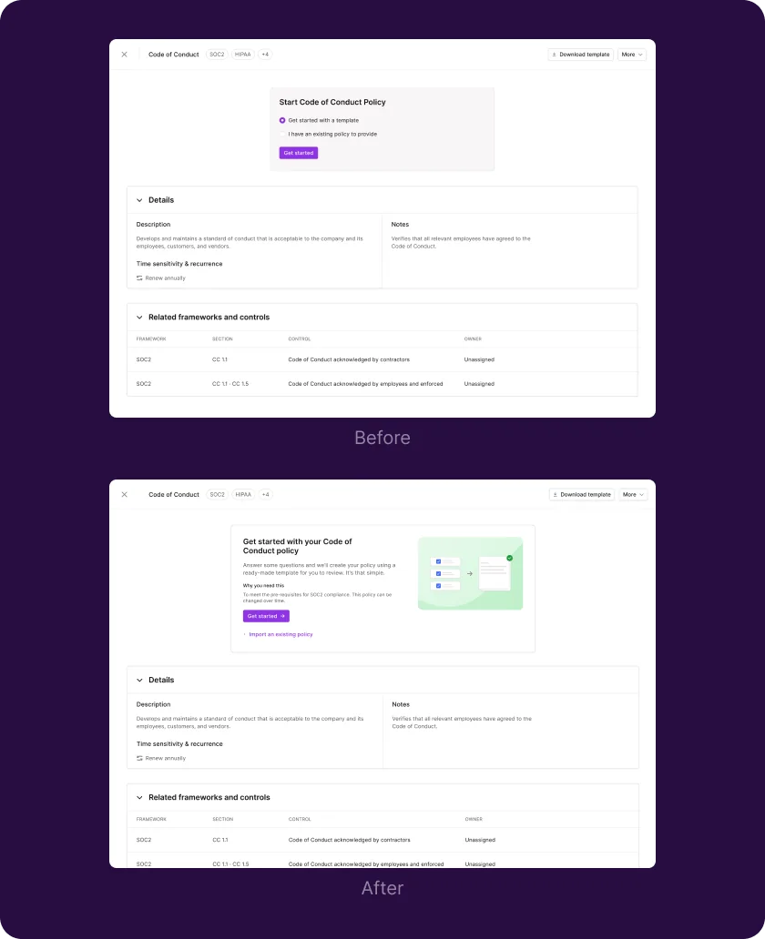 Policy Start Page before and after: a bare template picker became a guided start with a clear reason to begin